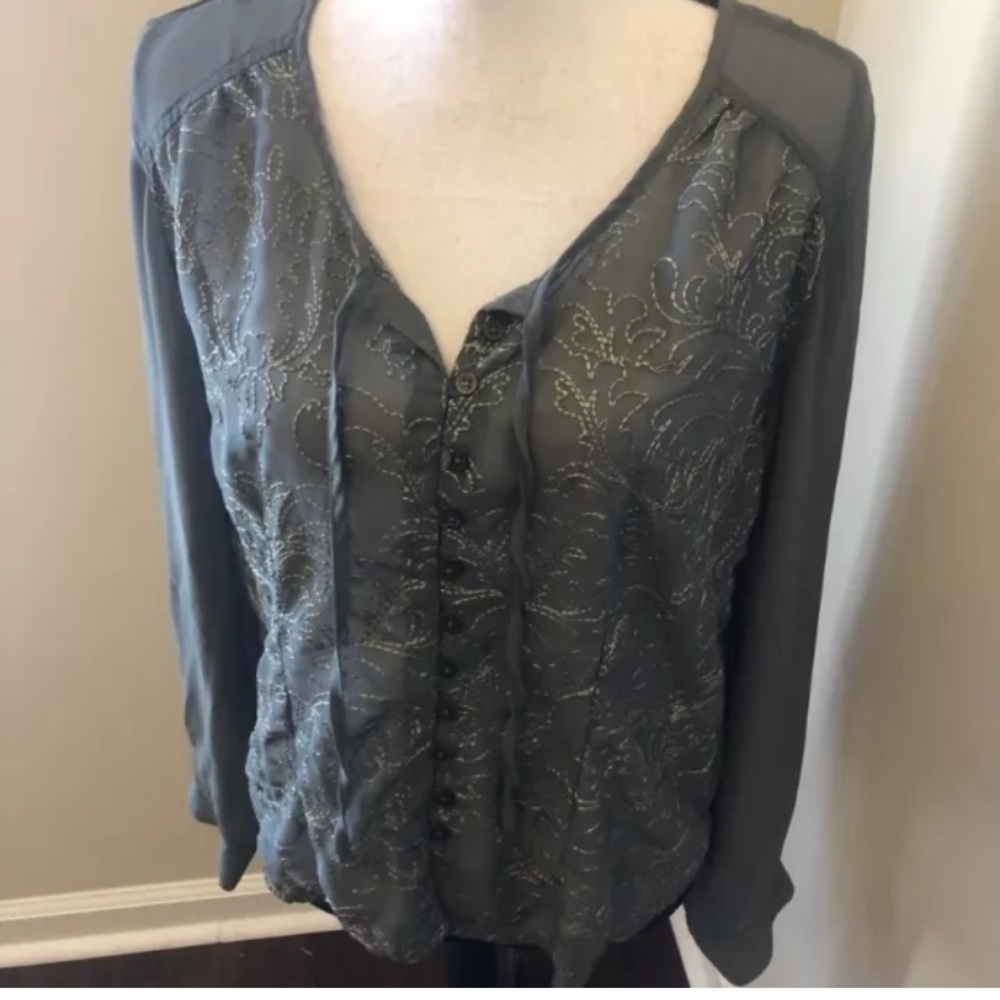 lemongrass Green Embroidered Tie Neck blouse Size M